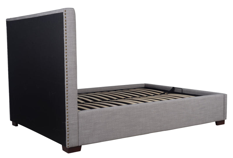3. "Elegant Finlay Storage Queen Bed - Dovetail Grey Linen for organized bedroom spaces"
