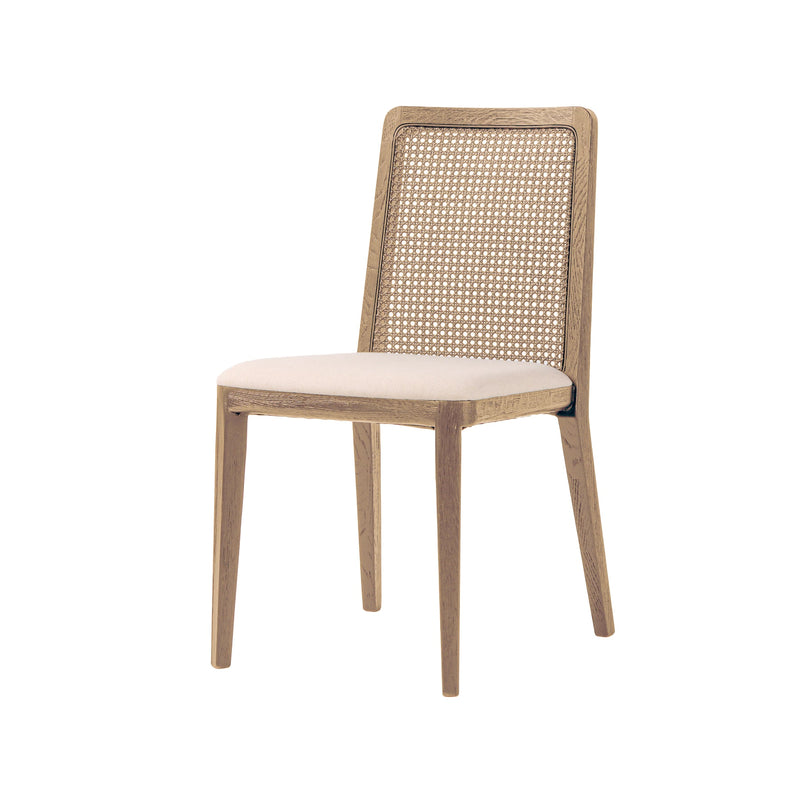 1. Cane dining chair with oyster linen upholstery and natural frame