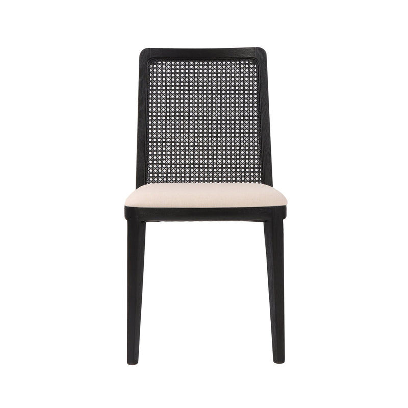 1. Cane dining chair with oyster linen upholstery and black frame
