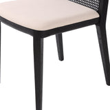 8. Black framed cane dining chair upholstered in oyster linen fabric