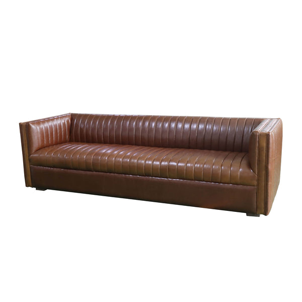 1. "Channel Sofa - Camel Brown with plush cushions and sleek design"
