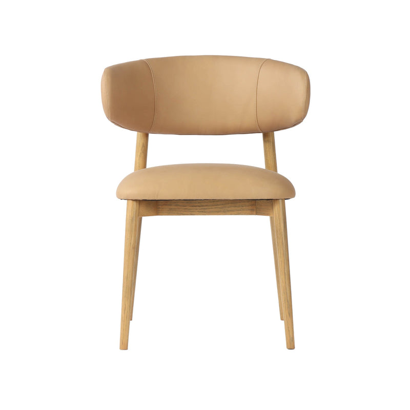 2. "Tan Leather Milo Dining Chair with sturdy wooden legs and ergonomic backrest"