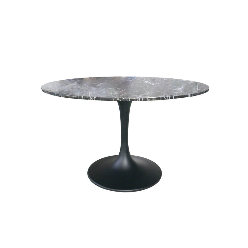 "Valencia Round Dining Table - Black Marble/Sleek Matte Black Base: Elegant and modern dining table, perfect for any contemporary home decor. Crafted with a stunning black marble top and a sleek matte black base. Ideal for hosting family gatherings or dinner parties. Adds a touch of sophistication to your dining space. Available in medium size. Enhance your dining experience with this stylish and durable table."