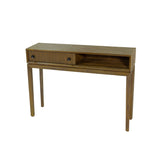 6. "Functional West Console Table with multiple shelves and drawers"